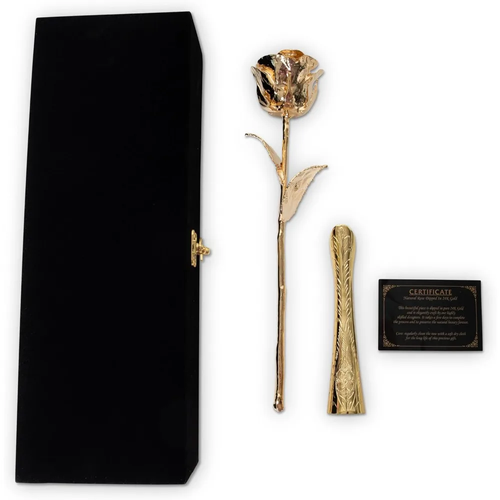 وردة أصلية طويلة محفوظة من الذهب عيار 24 قيراط مغموسة، زهرة طبيعية مسقطة كهدية أبدية للزوجة أو الأم أو S #2