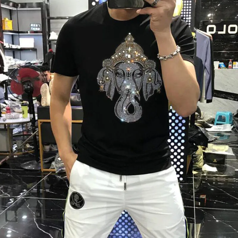 

2023 summer men T shirt 100% cotton short sleeve summer Rhinestones casual cool male tee shirt 083