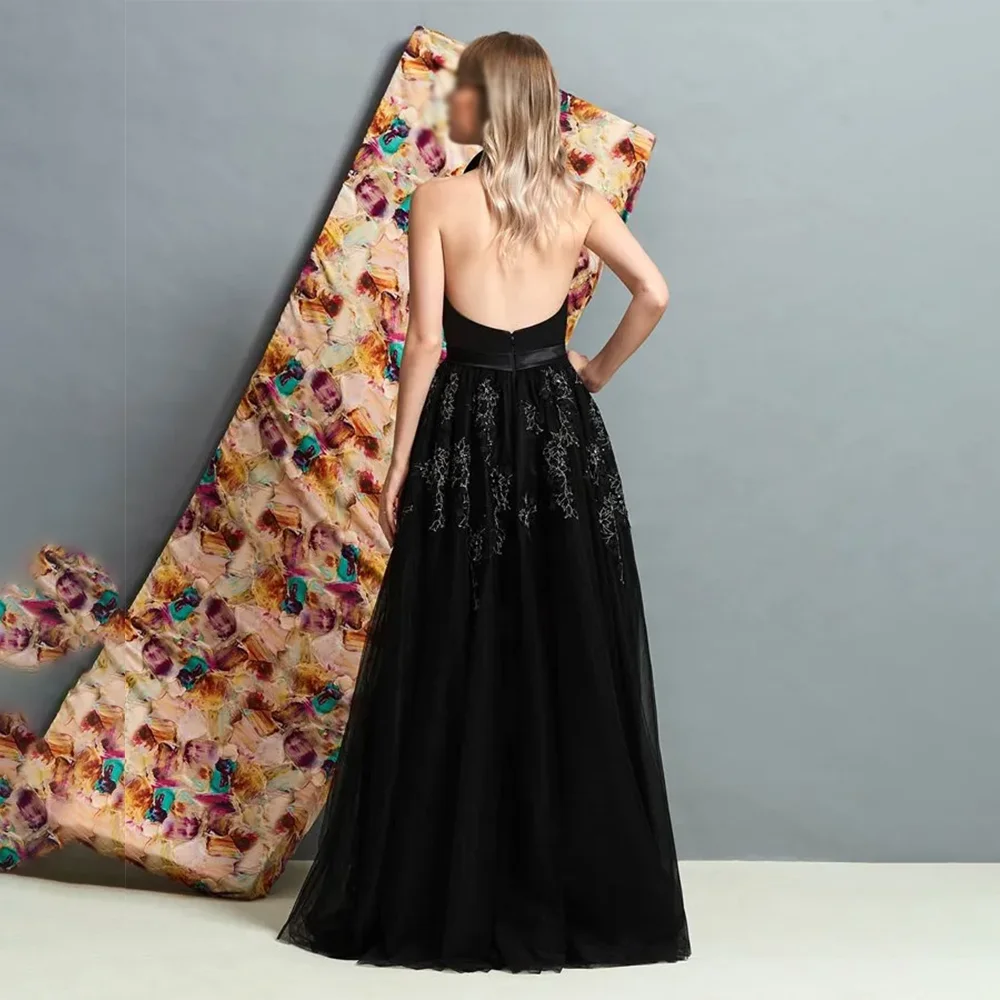 فساتين سهرة أنيقة من التول مزينة باللون الأسود بدون ظهر فساتين حفلات رسن على شكل حرف a من الدانتيل فساتين حفلة موسيقية مسائية مخصصة