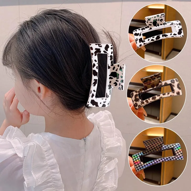 New Large Square Hairpin Leopard Print Hair Clip for Women's Occipital Shark Clip Fashion Minimalist Outdoor Hair Accessory