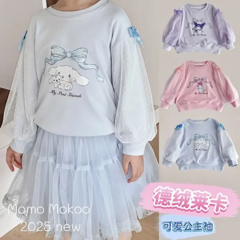 

Детская футболка с длинными рукавами Sanrio Kuromi Cinnamoroll, детский модный свитшот с длинными рукавами в стиле кавайи, мягкая одежда с пышными рукавами, весенне-осенняя одежда