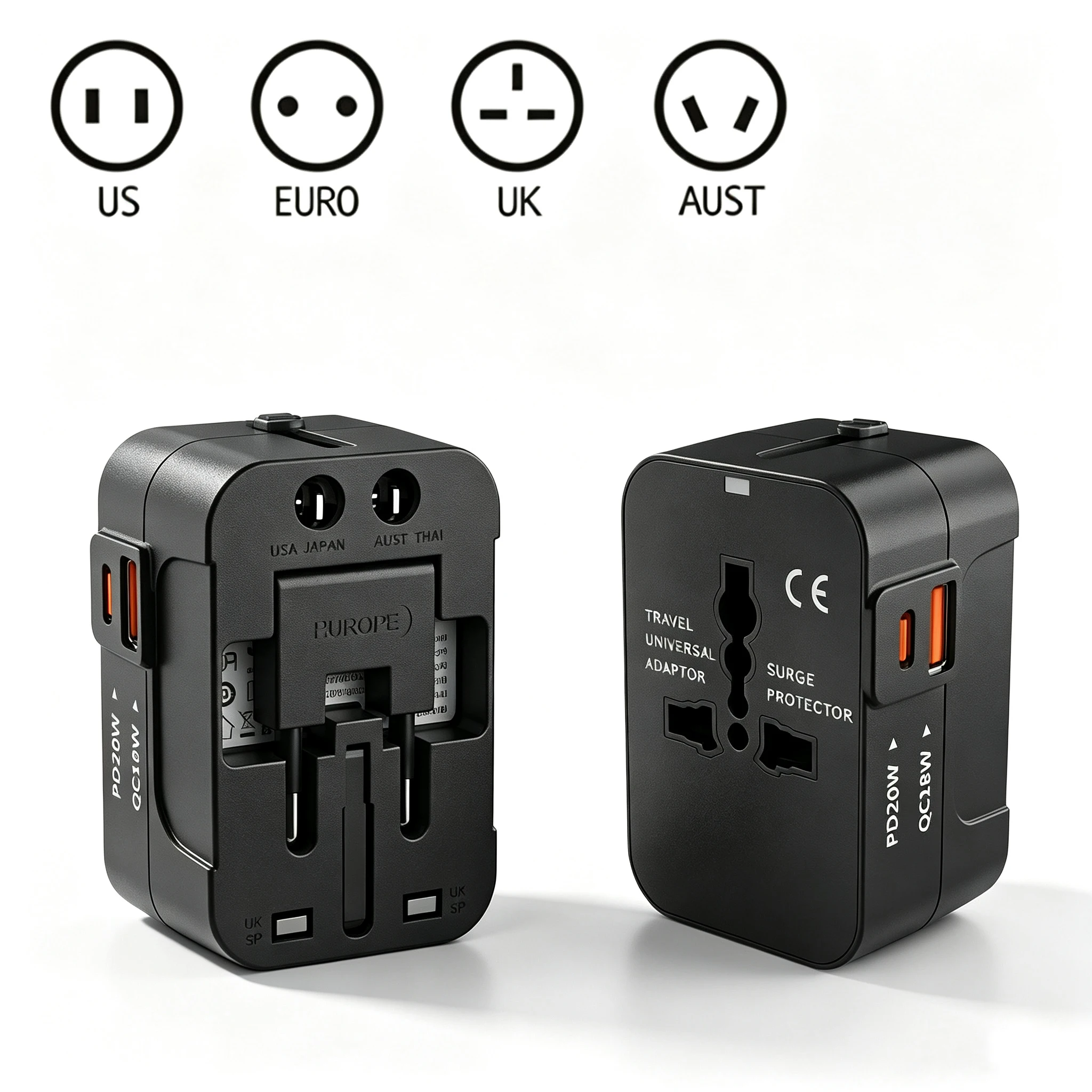 All-in-One Universal Travel Adapter USB A Type C Port Power EU UK US AU Power Charger Adapter Multifunctional Converter Socket