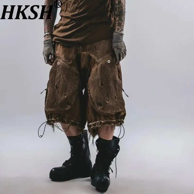 

HKSH Summer New Men Tide Chic Ripped Deconstructed Design Capris Mesh Patchwork Waste Land Shorts Y2K Loose Crotch Pants HK24572