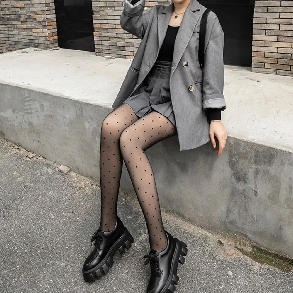 Thin Double-layer Point Dot Pantyhose Nylon Black Bare Leg Socks Stockings Slim Bare Leg Artifact Girl