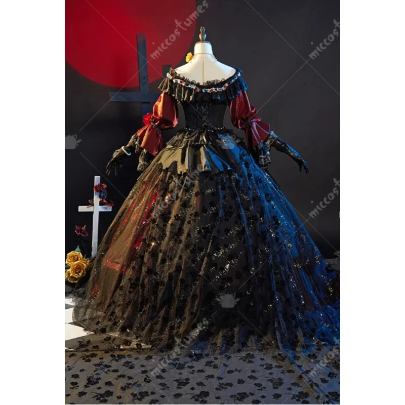 Miccostumes 24 ساعة شحن المرأة ماري الدموي الملكة تأثيري فستان مُصمم حسب الطلب وشاح الرأس مع حزام الخصر والقفازات