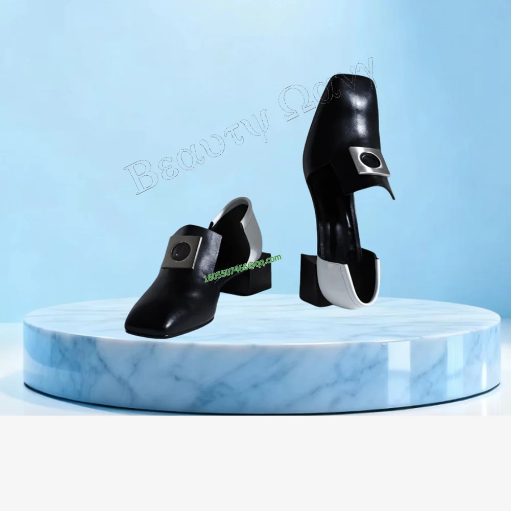 

Black Metal Round Decor Pumps Slip on Round Toe Shoes for Women Square High Heels Winter Snow Shoes 2023 Zapatos Para Mujere