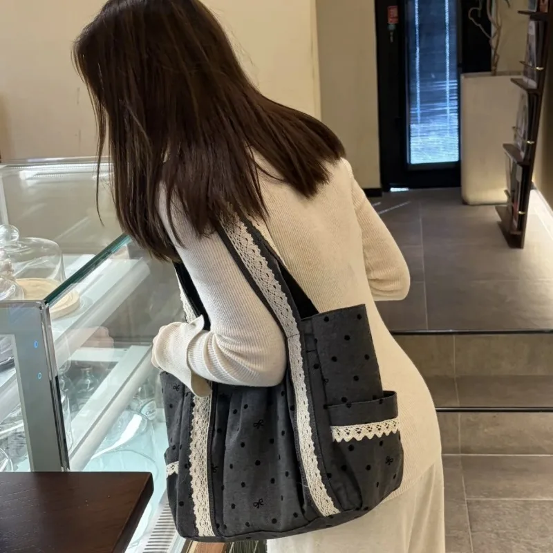 

Женская модная сумка-тоут с кружевным дизайном в горошек, большая вместительная повседневная сумка через плечо для студентов и для поездок на работу