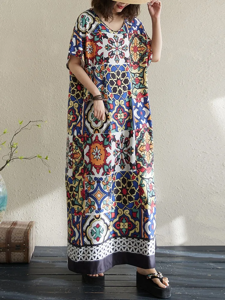 Übergroßes Sommerkleid mit V-Ausschnitt für Damen, geometrischer Blumendruck, modische Damenkleider, lässig, lockere Rüschen, A-Linie, langes Kleid