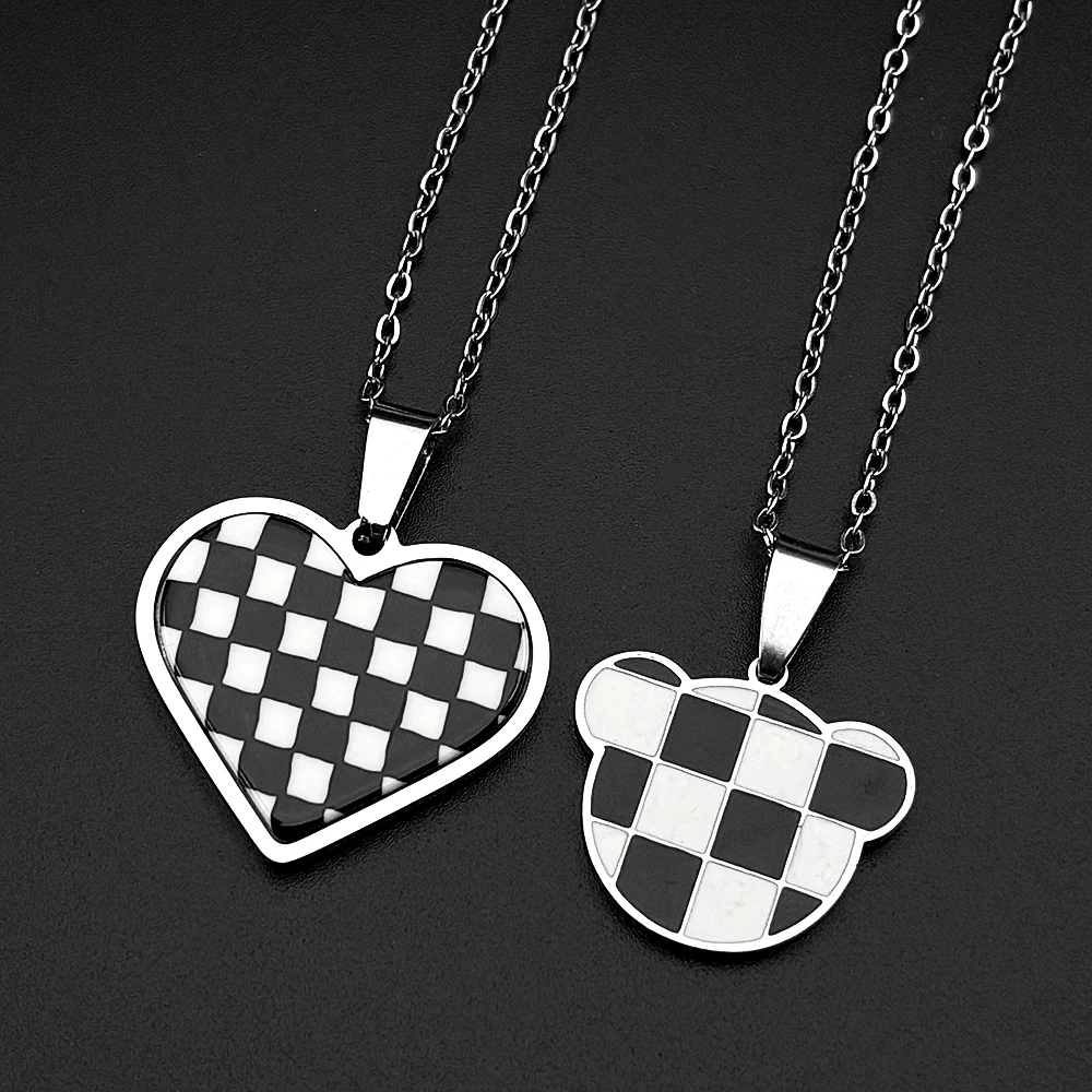 Y2K E-Girl Schachbrettmuster Herz Bär Kette Edelstahl Schwarz Weiß Süßer Cooler Stil Passende BFF Halskette Harajuku Schmuck – Detail 6
