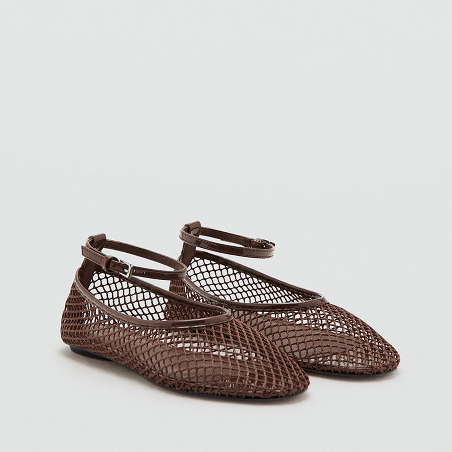Women Mesh Ballet Flats Shoes Square Toe Hollow Fishnet Ankle Strap Buckle Flat Pumps Breathable Mary Jane Shoes Elegant