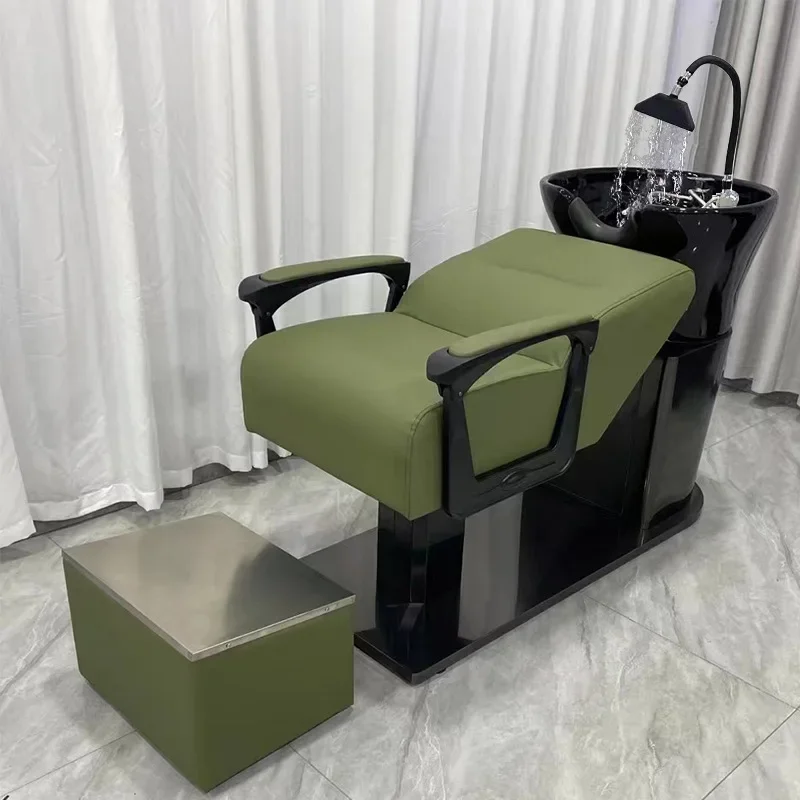 Ceramic flush bed Fashion stainless steel semi-reclining shampoo bed Barber shop deep basin shampoo bed