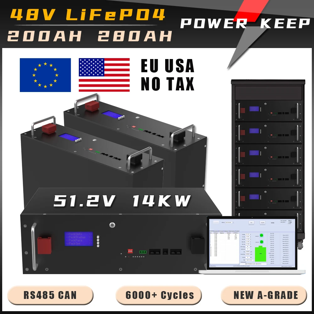 48V 200AH 10KW LiFePO4 Battery Pack 51.2V 16S RS485 CAN BMS For Home Energy Storage Off-Grid Solar No Tax