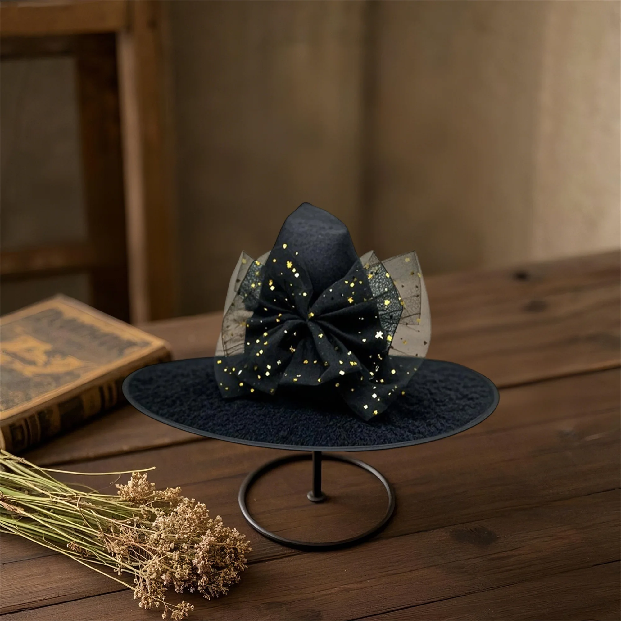 

Black Velvet Witch Hat with Silver Moon and Stars Embroidery Halloween Costume Accessory for Women Masquerade Party