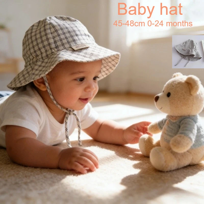 Boy Sun Hat 45-48cm 0-24 Months Baby Striped Cap Girl Solid Sunscreen Hat Cotton Caps Kid Grid Cotton Windproof Hats