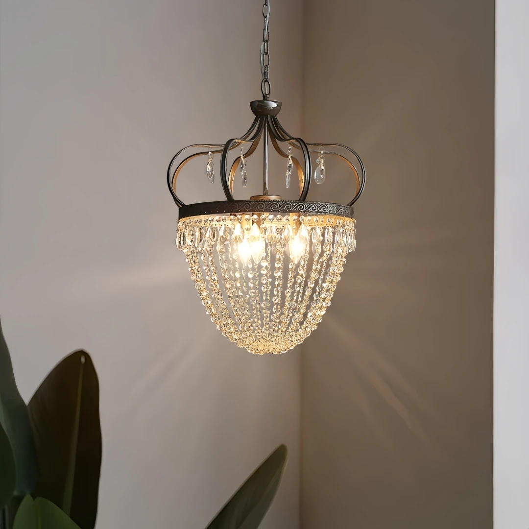 Vintage Crown Crystal Chandelier 3-Light E27 90-260V Metal Pendant Light Adjustable Chain Lamp  Living Room Decor 53 x 61cm