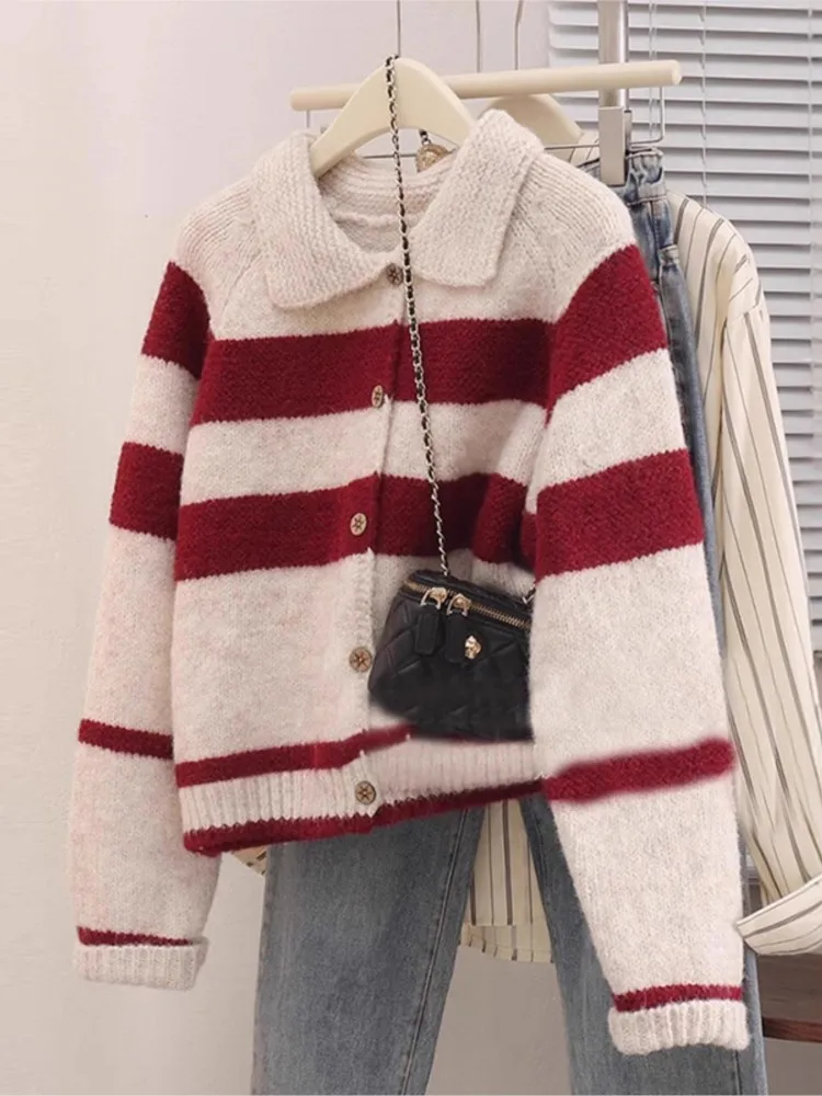 

Fashion Striped Knitted Cardigan Sweater Women Retro Elegant Single Breasted Turndown Collar Long Sleeve Sweater 2025 New Autumn