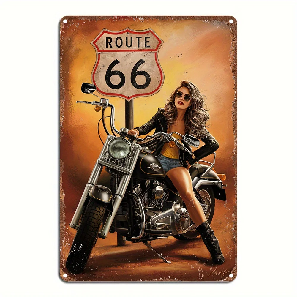 Vintage Route 66 Motorcycle Metal Wall Art Sign - Retro Tin Plaque with Classic Chopper Design, 11.81inch, Perfect for Dorm,