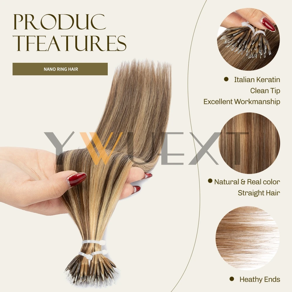 50Strands Micro Beads Hair Extensions in Nano Ring Links Human Hair 30G Thick Natural Straight Hair Smooth Hair Full Head 12-22