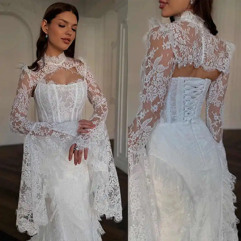Elegant Bridal Shrugs Jacket Soft Floral Lace High Neck Hollow Cutout Short Cloak Wide Cap Sleeve Bridal Wedding Assessory