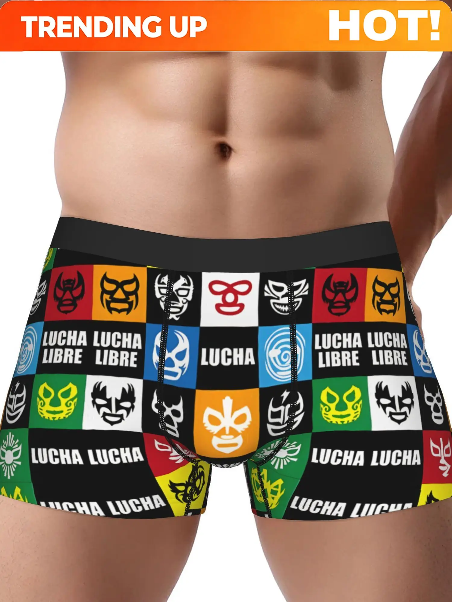 BIIHUDU Men's LUCHA Libre Printed Boxer Briefs - Vibrant Lucha Mask Design, Mid-Stretch Breathable Fabric, Non-Transparent Under