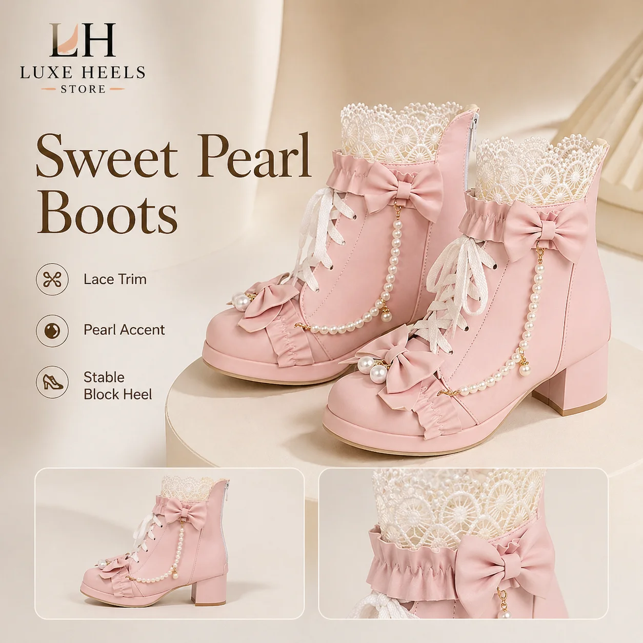 Kawaii Pink Lolita Ankle Boots Women Sweet Bow Pearl Lace Block Heel Princess Shoes Side Zipper Cosplay JK Short Boots