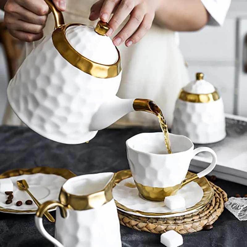 Coffee Cup Set Afternoon Cup Saucer Set  Bone China Teapot Golden Edge Milk Pot High-Grade Household ceramic Candy Jar