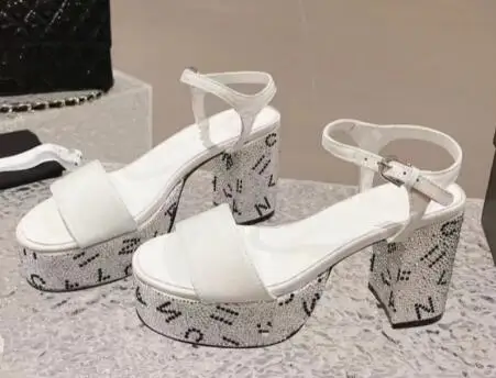 

Carpaton 2024 Newest Rhinestones Decorations Women Sandals Summer Open Toe Chunky Heels Ankle Strap Dress Shoes Platform Heels