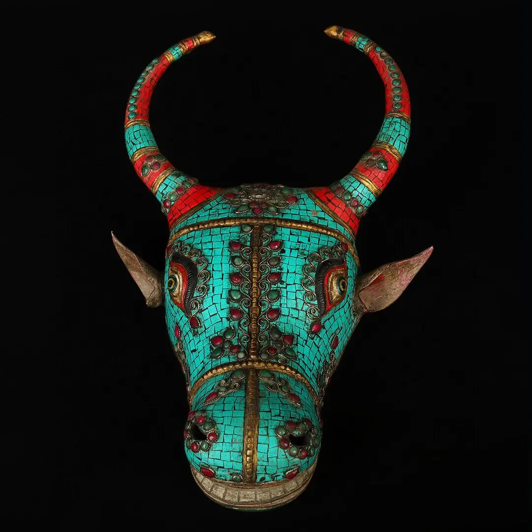Nepal Pure Copper Bull Head Mask Gem Inlaid Painted Wall Hanging Home Decor Feng Shui Ornament
