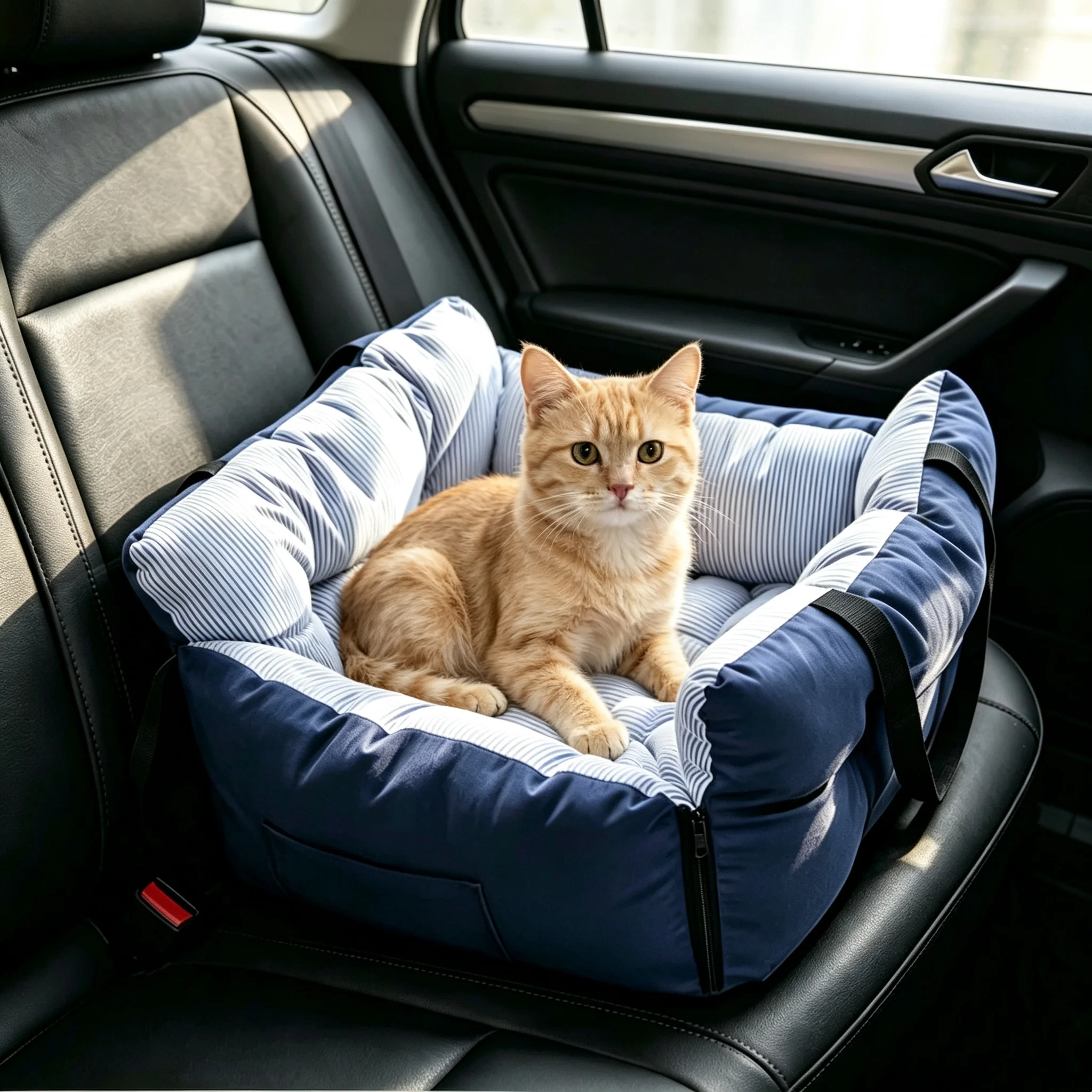 Blue‑Stripe Dog Car Seat Bed Pet Car Booster Seat With Safety Belt Washable Anti‑Collision Travel Sofa For Dogs And Cats