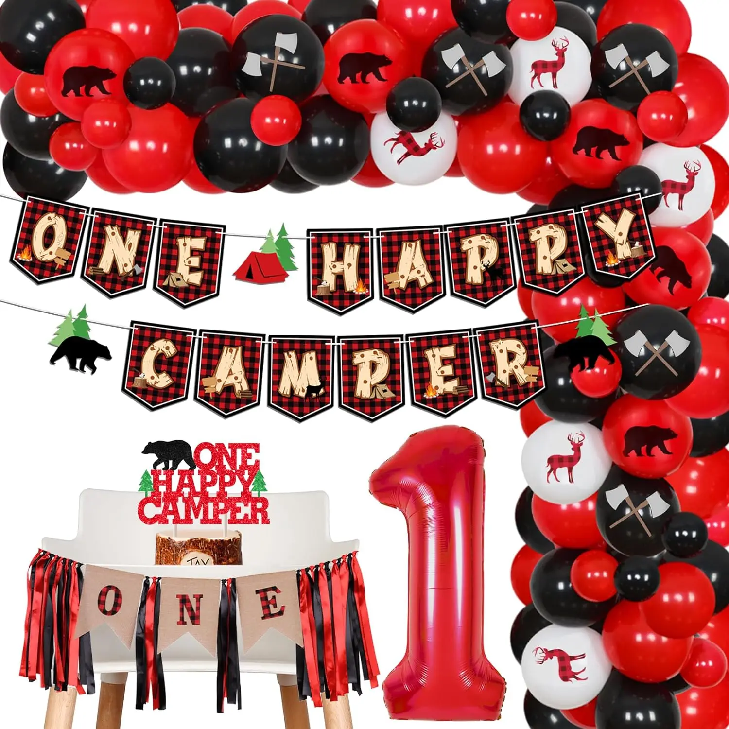 

Lumberjack First Birthday Decor Buffalo Plaid Camping 1st Party Decor One Happy Camper Banner Cake Topper Balloon Arch Kit