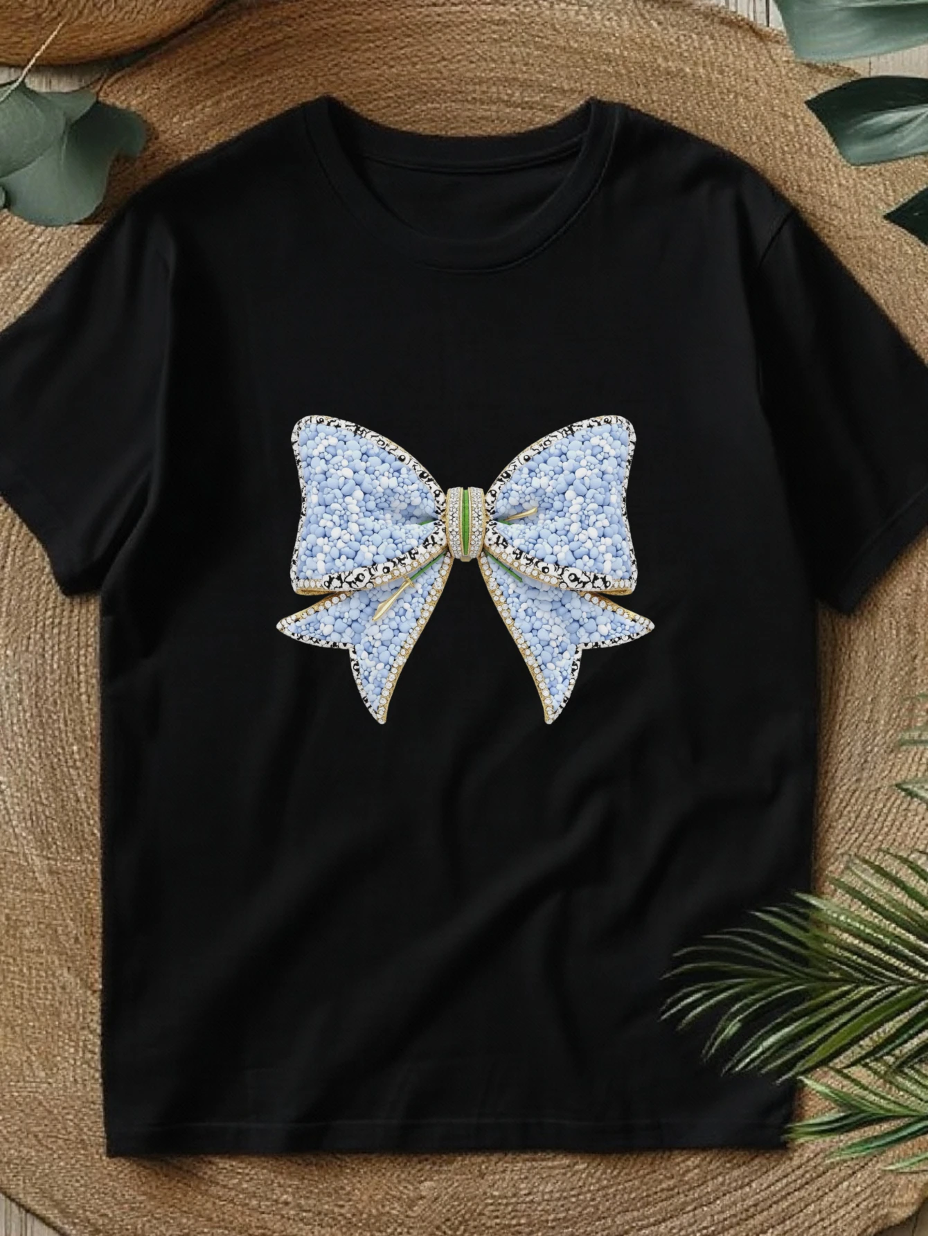 【Circle Circle】Women's Casual T-Shirt, Sequin Stacked Design, Rhinestone Bow Pattern Print T-Shirt - Y2K Style, Exquisite, Gift-Worthy, Casual Round-Neck Top - Breathable, Lightweight, Comfortable, Suitable for Spring and Summer Wardrobe