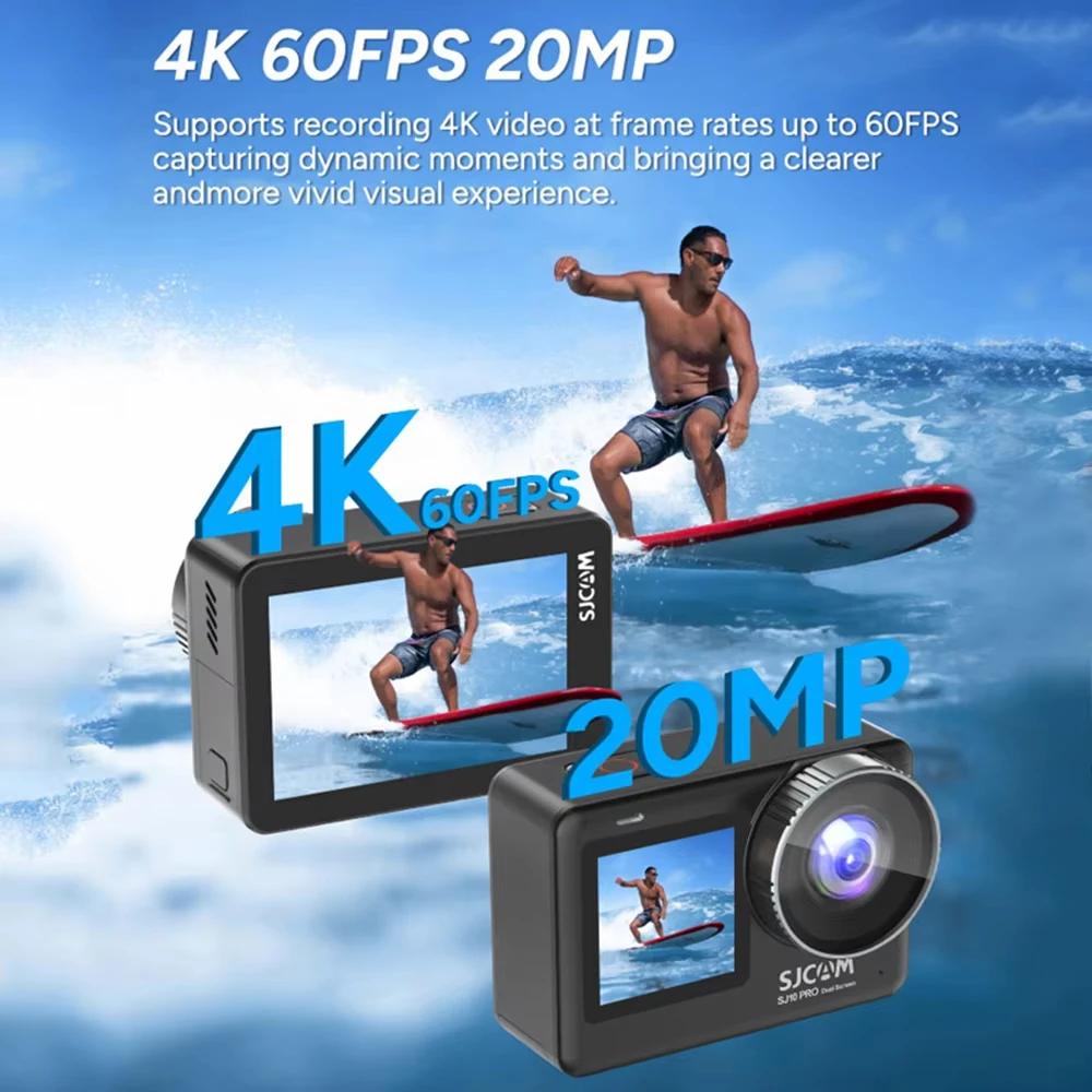 كاميرا SJCAM SJ10 Pro Motion Supersmooth 4K 60FPS شاشة مزدوجة 5G/2.4G واي فاي تدعم التسجيل المسبق كاميرا مدونة فيديو حية مضادة للاهتزاز