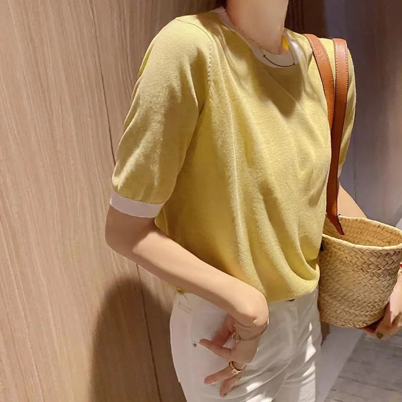 little Fashionable fragrance wind ice silk short women's T-shirt round collar color summer casual knit half sleeve top