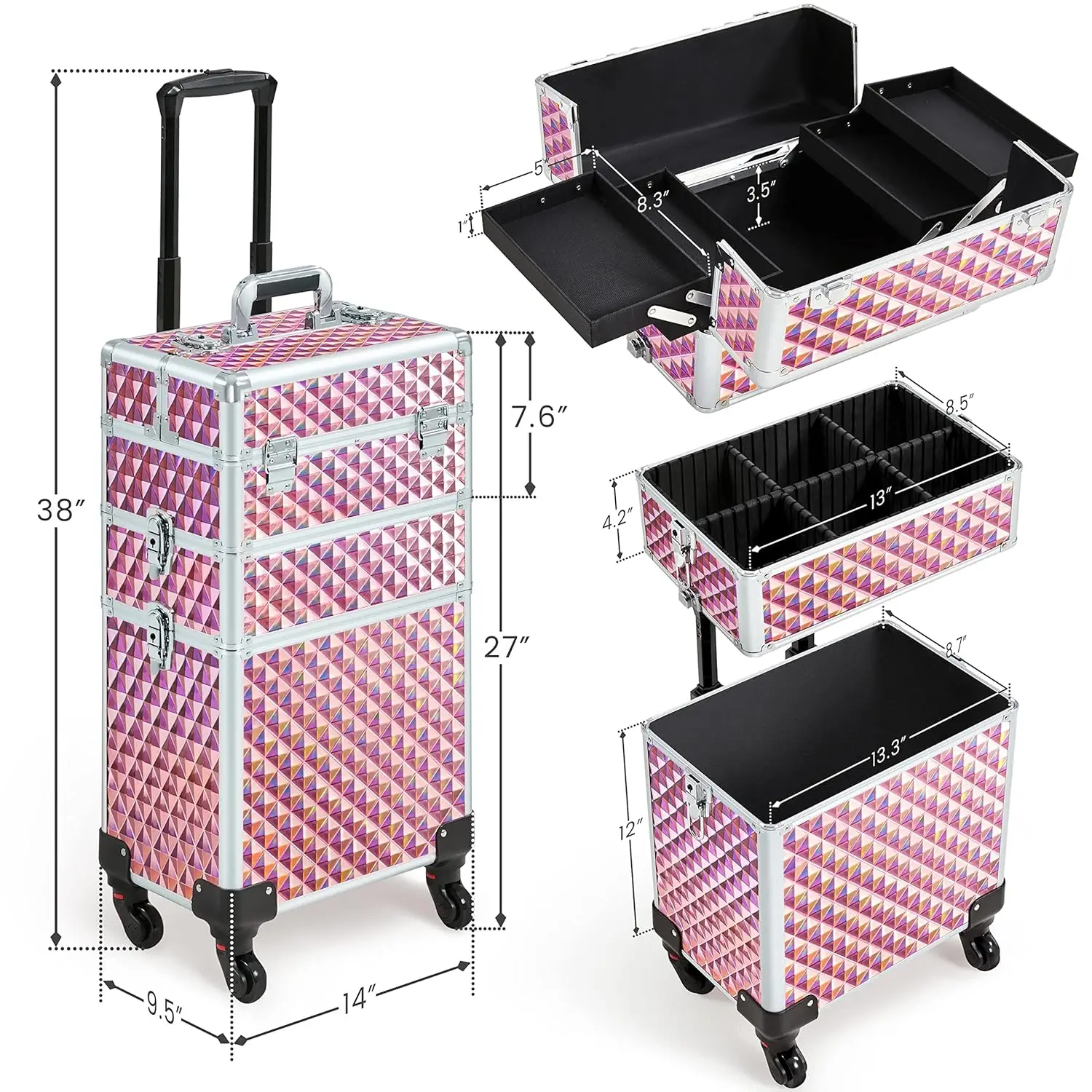 Rolling Makeup Train Case 3 in 1 Cosmetic Case Large Capacity Organizer with Swivel Wheels Key Cosmetic Trolley for Makeup-Pink