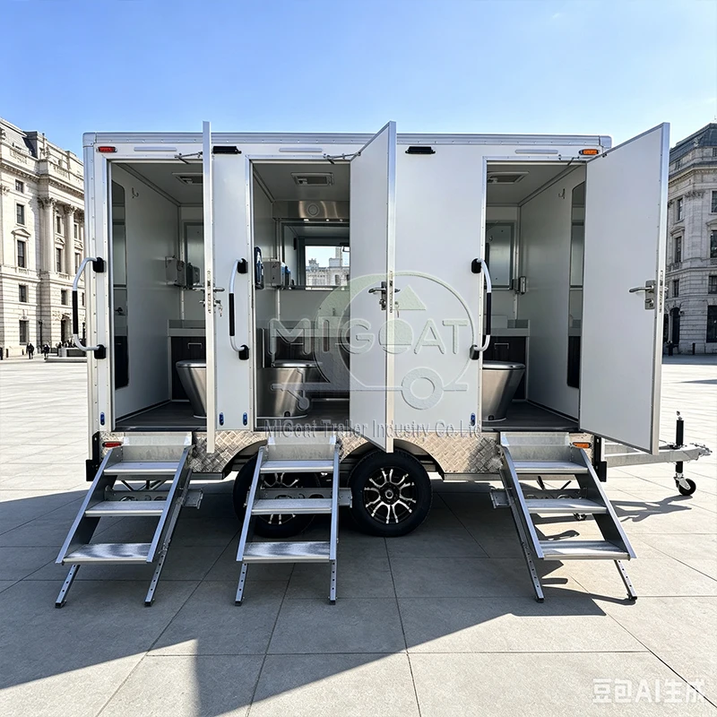 Luxury 2 Stall Mobile Restroom Trailer Portable Flushing Toilet With Sink Mirror For Outdoor Wedding Small Event Rental