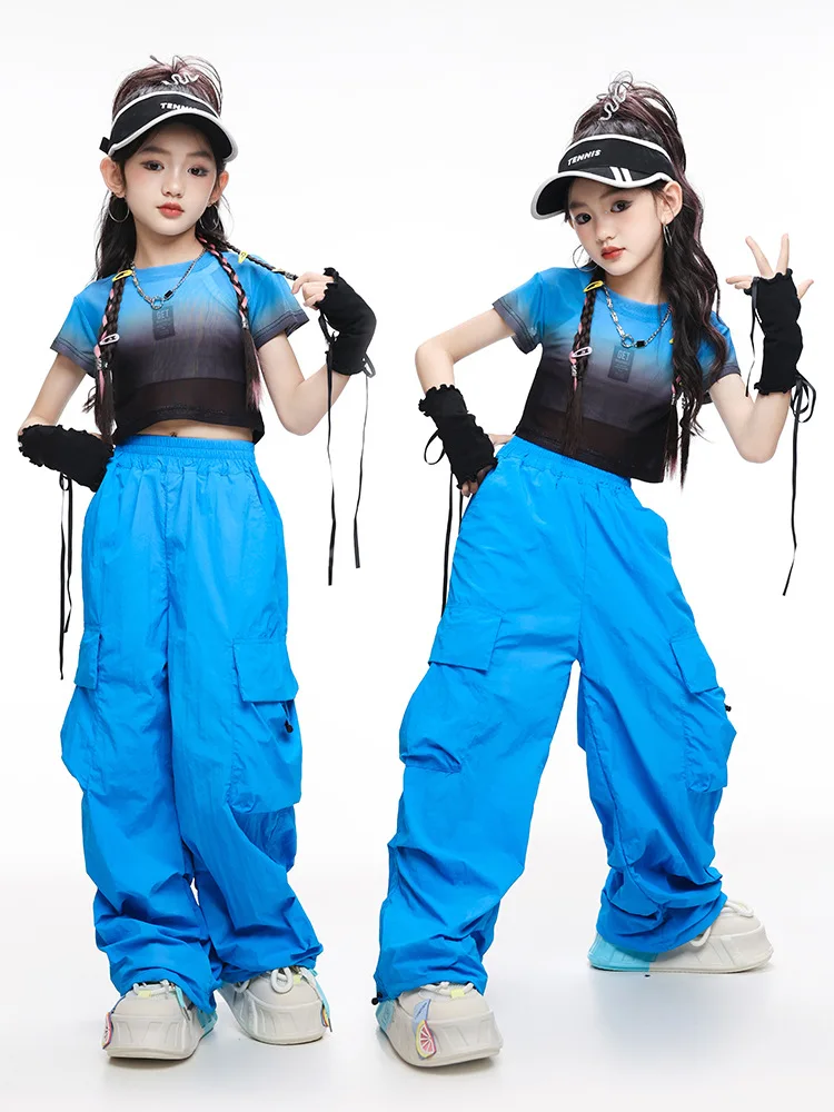 Haut court en maille semi-transparente pour filles, ensemble Hip Hop, t-shirt bleu, pantalon cargo Wstring de proximité, vêtements de costume de danse jazz pour enfants