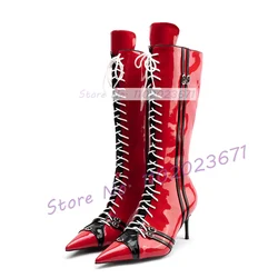 Cross Tied Red Patent Leather Biker Boots Women Novelty Pointed Toe Multi Buckle Strap Shoes Female High Heels Mid Calf Boots