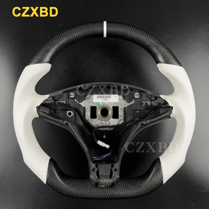 White Leather Steering Wheel For Tesla Model S Model X 2013 2014 2015 2016 2017 2018 2019 2020 2021 Matte Black Carbon Fiber