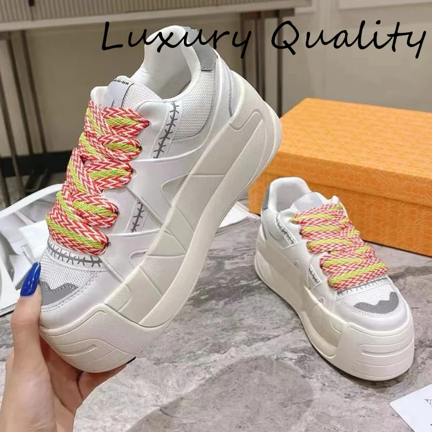 2024 Women's Casual Shoes Mixed Color High Quality Platform Comfortable Sneakers Patchwork Lace Up Daddy Shoes 2024
