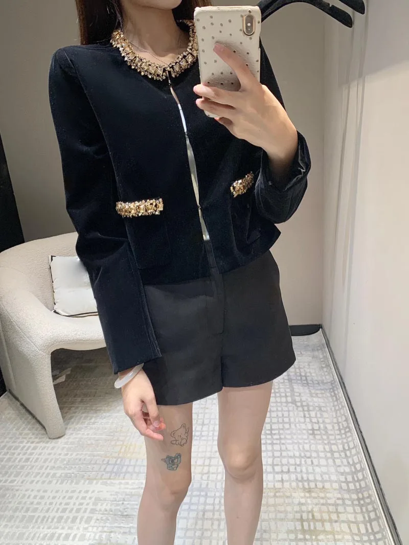 Women's Fashion Coat Spring and Autumn High Quality Women's Diamond Black Velvet Coat 2024 New Edition