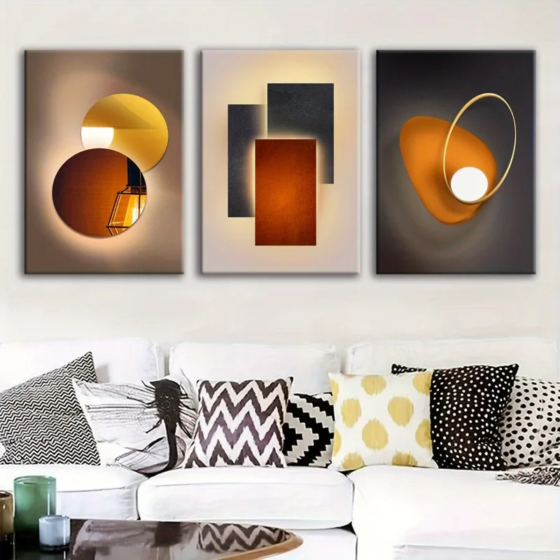 3pcs Modern Minimalist Geometric Canvas Painting Orange Wall Art Metal Circle Prints Luxury Wall Art Posters For Home Decor