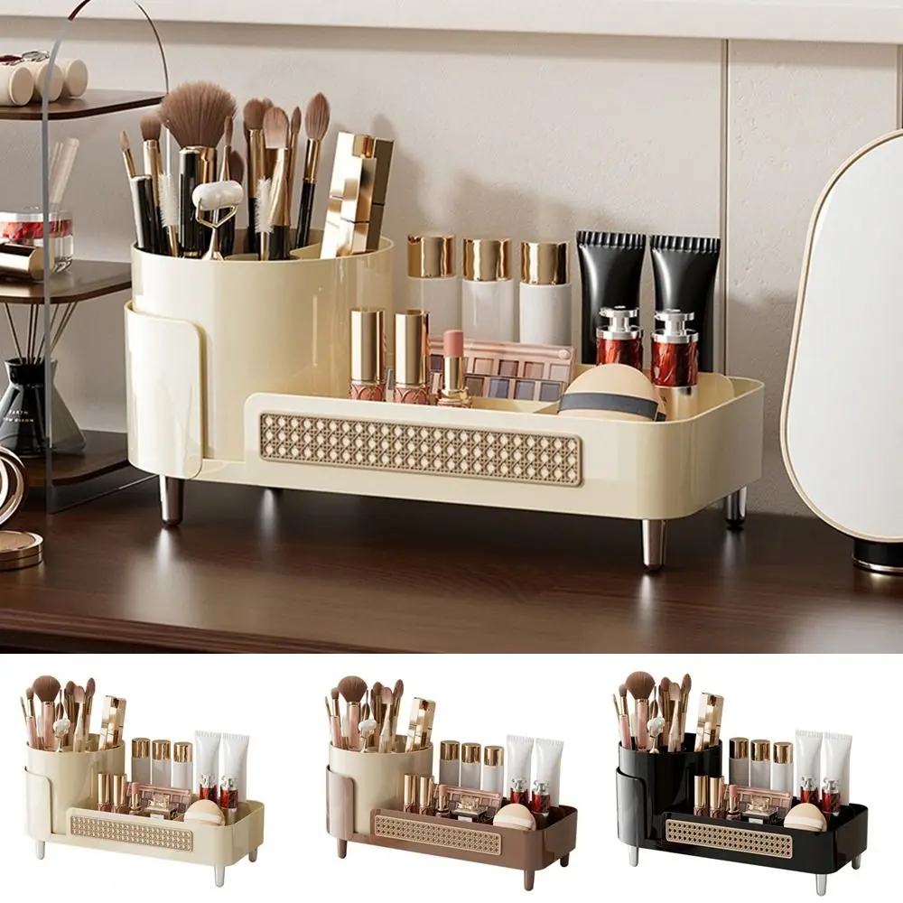 Plastic Rotatable Compartment Makeup Tube Beige Large Capacity Cosmetics Storage Box Space Saving Makeup Storage Organizer