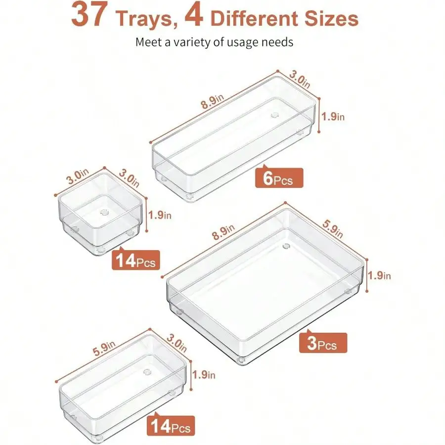 37-Piece Drawer Organizer With Non-Slip Silicone Pads, 4-Size Desk Drawer Organizer Trays Storage Tray Makeup, Jewelries, Utensils In Bedroom Dresser, Office And Kitchen (