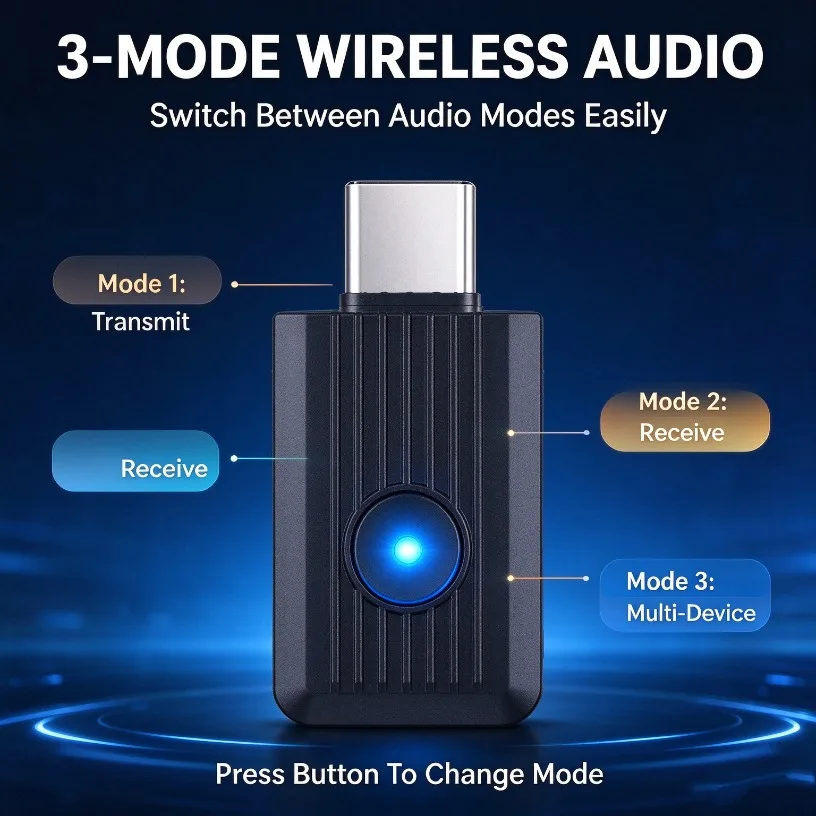 Wireless Audio Transmitter USB C Bluetooth 6.0 AURACAST LE Audio Dongle QCC Chip aptX HD for TV PC Gaming Console Headphone Use