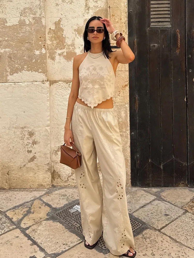 

HH Women Fashion Suit Solid Sleeveless Backless Bow Lace-Up Top+Elastic Waist Loose Long Pant Female Summer Chic Pant Sets