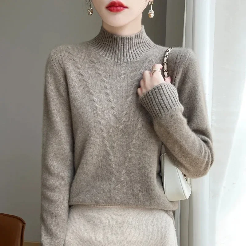 New Autumn winter 100% pure wool women's semi-high collar new long-sleeved sweater thickened loose cashmere bottoming shirt.