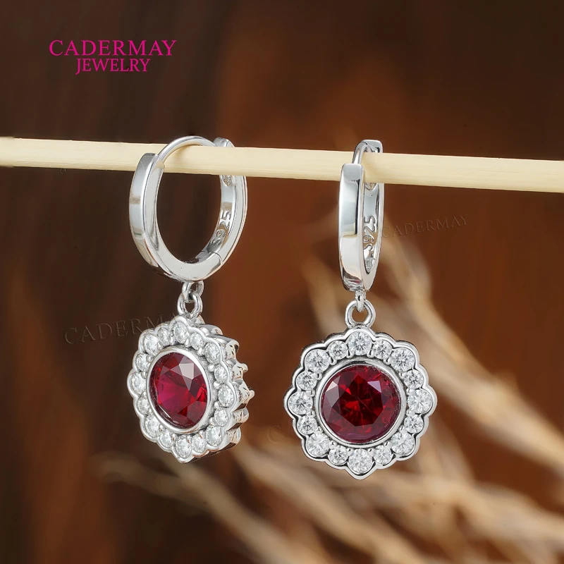 

High Quality Flower Pigeon Blood Red 6.5mm Round Shape Lab Ruby Earrings Women S925 Silver Moissanite Drop Earrings Gift Party