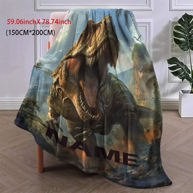 1pc Personalized Custom Name Dinosaur Blanket T-Rex Design Soft Flannel All-Season Cozy Throw for Bed Couch Gift Dinosaur Decor