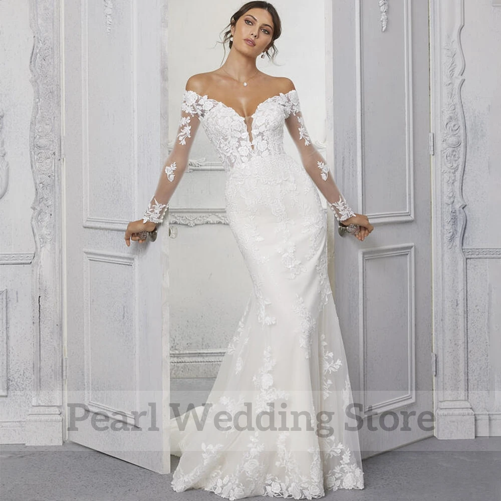 Splendido abito da sposa a sirena con spalle scoperte Tulle Illusion manica lunga Applique lunghezza del pavimento abito da sposa elegante Sweep Train