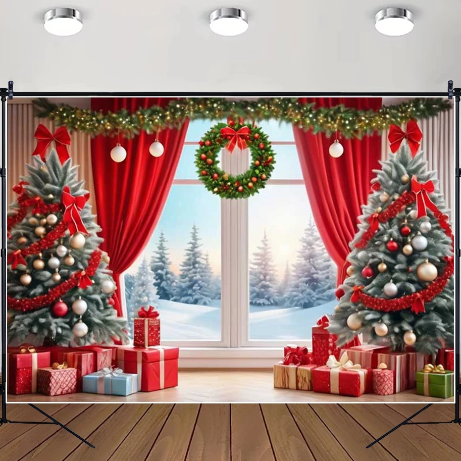 

MOON.QG Merry Christmas Gifts Background Photography Door Curtains Wreath Custom Backdrop Studio Party Decoration Photoshoot